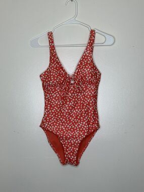 Moontide Woman’s One Piece Orange Polka Dot Swim Suit Size 4 Keyhole Front Tie